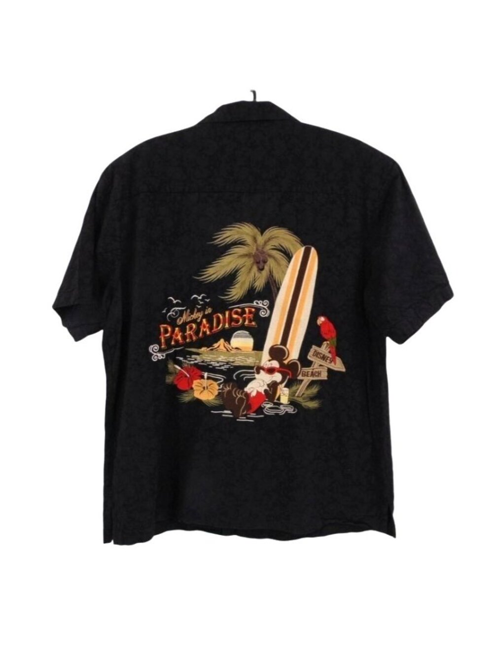 Disney Parks Black Mickey Paradise Shirt L Palm Surfboard Embroidered Hawaiian